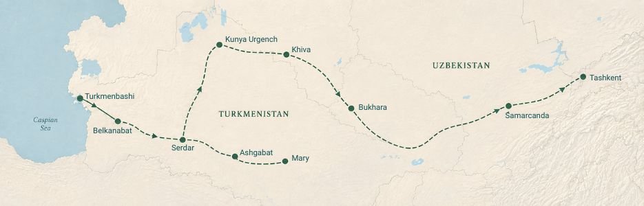 Original route map for Turkmenistan & Uzbekistan