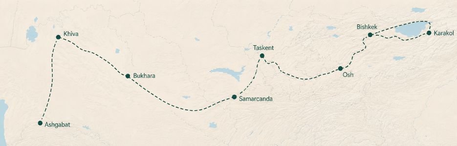 Original route map for Turkmenistan, Uzbekistan & Kyrgyzstan